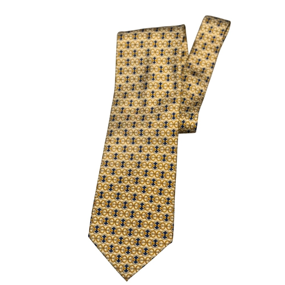 Vtg Paolo Gucci Mens Silk Tie Gold Navy Blue Equestrian Bit Fleur De Lis Italy